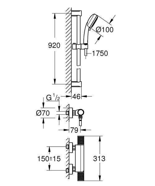 Термостат для душа с душевым гарнитуром Grohe Grohtherm 1000 Performance  34784 000 (34784000) хром